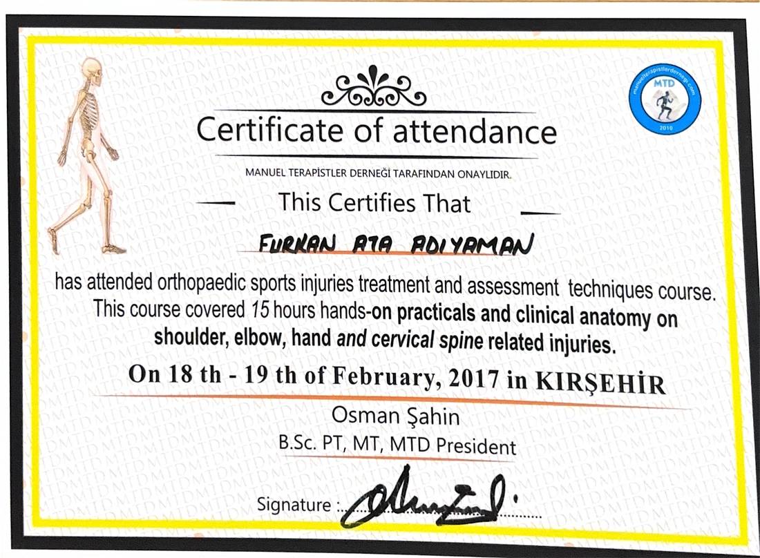 Ortopedik Spor Yaralanmaları (Üst Ekstremite) sertifikası — MTD, 2017