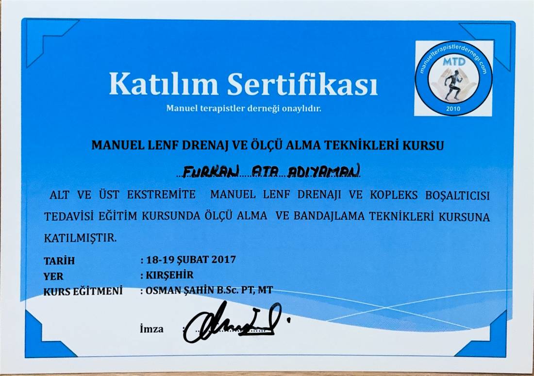 Manuel Lenf Drenajı ve Ölçü Alma Teknikleri sertifikası — MTD, 2017