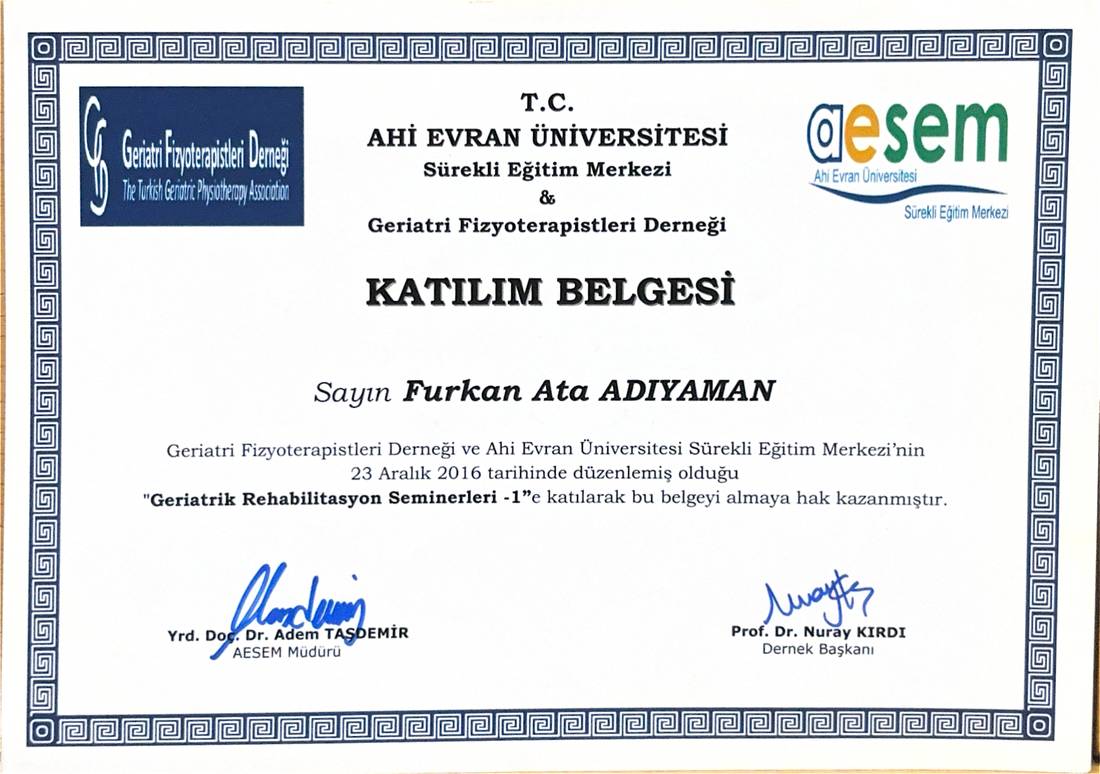 Geriatrik Rehabilitasyon Seminerleri katılım belgesi, 2016
