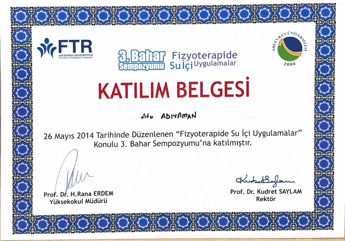 Fizyoterapide Su İçi Uygulamalar katılım belgesi, 2014