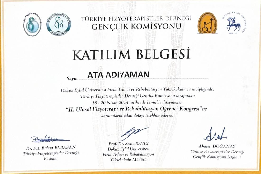 II. Ulusal Fizyoterapi ve Rehabilitasyon Öğrenci Kongresi katılım belgesi, 2014
